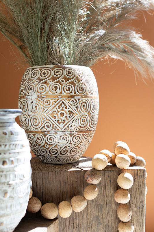 Hand-Carved Decorative Natural and White Wooden Oval Planter