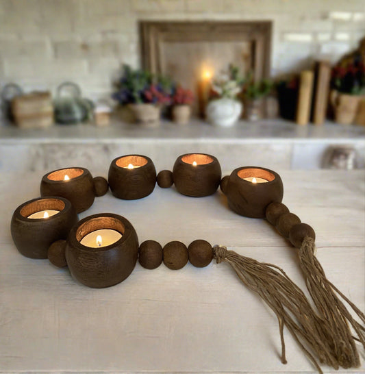 Beaded Garland Tea Light Holder - Brown or White