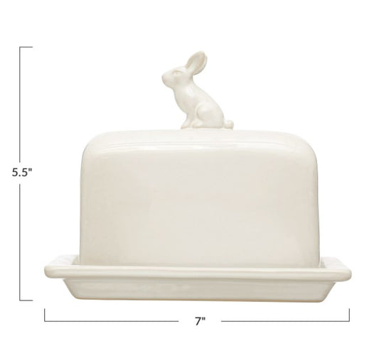 Stoneware Butter Dish w/ Rabbit Finial, White