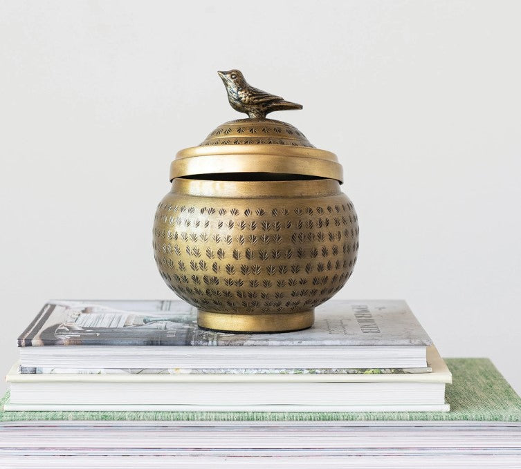 Decorative Hammered Metal Container w/ Lid & Bird Finial, Brass Finish