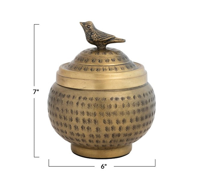 Decorative Hammered Metal Container w/ Lid & Bird Finial, Brass Finish