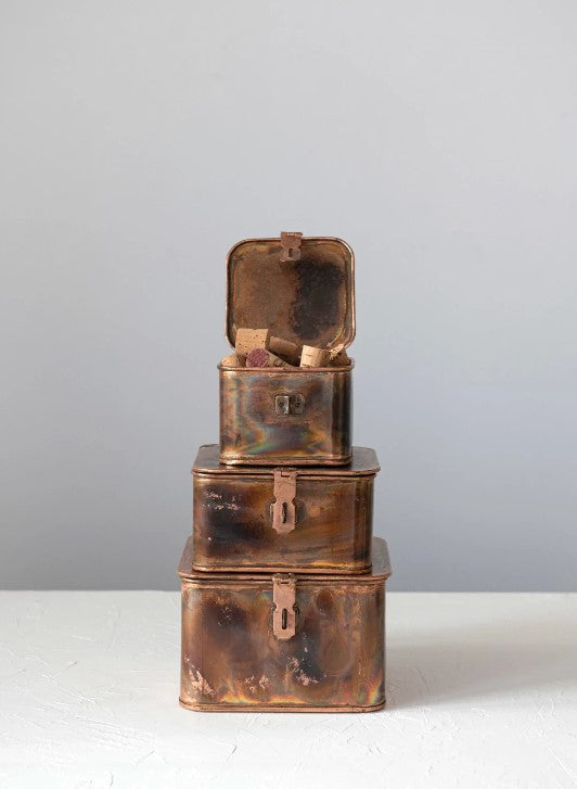 Decorative Metal Boxes, Burnt Copper Finish, Set of 3