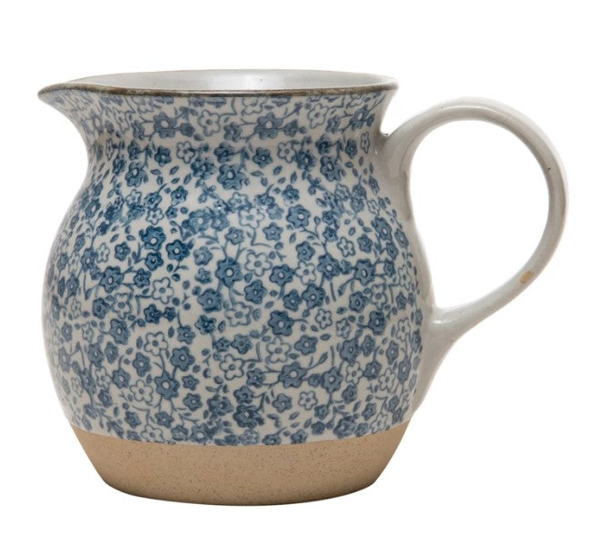 Hand-Painted Stoneware Pitcher with Floral Print