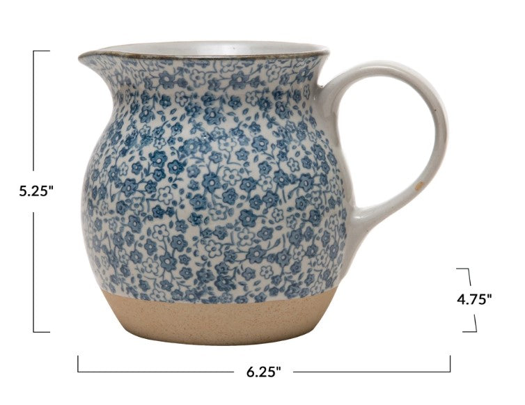 Hand-Painted Stoneware Pitcher with Floral Print