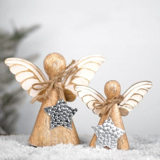 Wooden Angels with Metal Star (Set of 2)