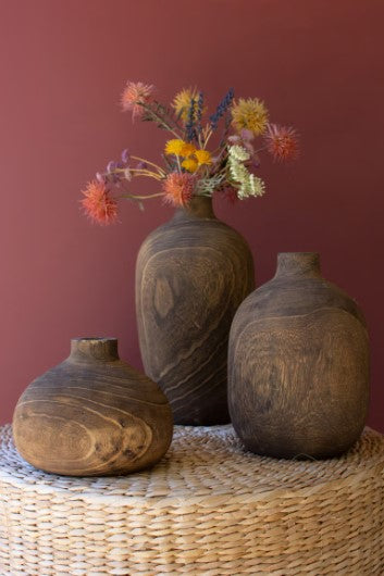 Set of 3 Wooden Vases with Walnut Finish