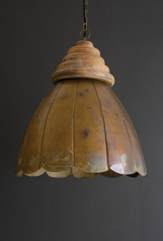 Dome Antique Brass Pendant Light with Wood Detail