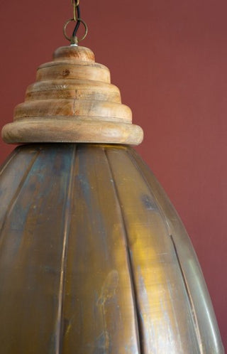 Dome Antique Brass Pendant Light with Wood Detail