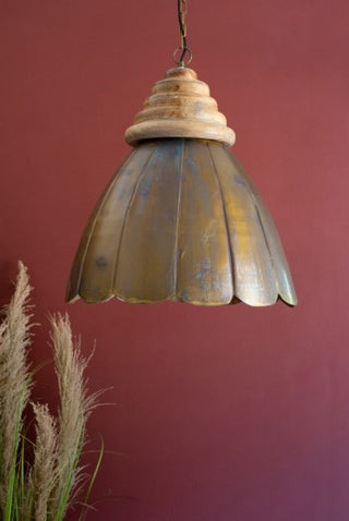 Dome Antique Brass Pendant Light with Wood Detail