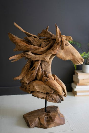 Teakwood Horse Head Sculpture with Base