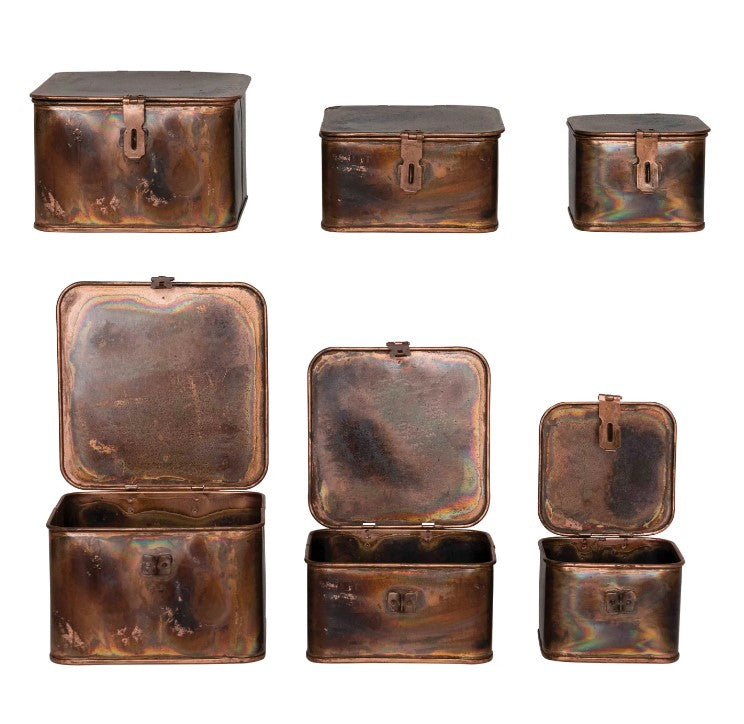 Decorative Metal Boxes, Burnt Copper Finish, Set of 3