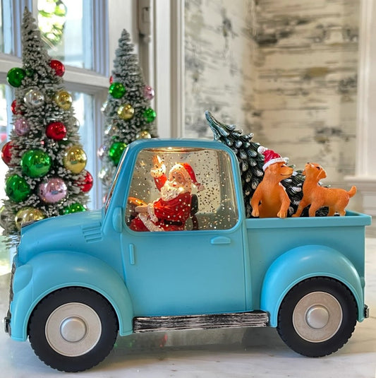 Santa in Blue Truck with Dogs - Snow Globe