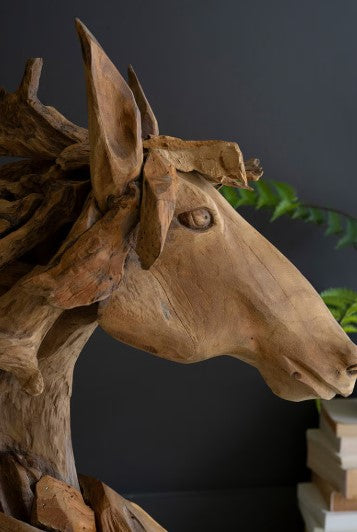 Teakwood Horse Head Sculpture with Base