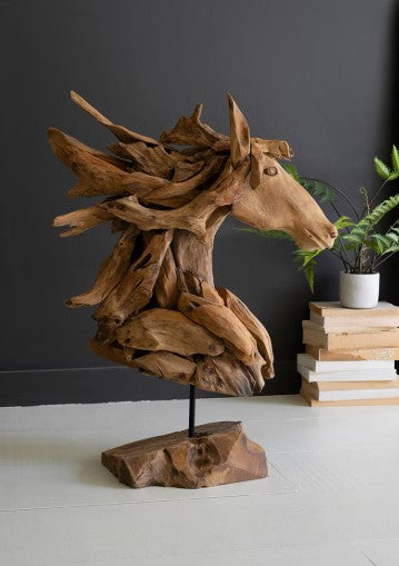 Teakwood Horse Head Sculpture with Base