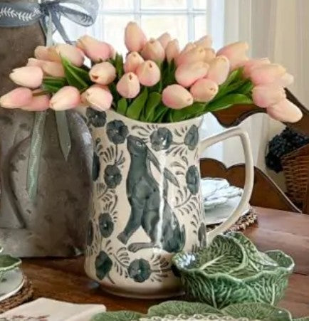 3 Quart Hand-Painted Stoneware Pitcher w/ Rabbit & Flowers, Blue & White