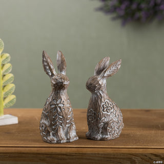 Floral Carved Rabbit (Set Of 2) 7.25"H, 8"H Resin