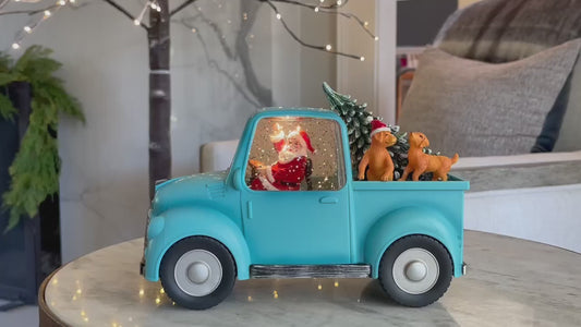 Santa in Blue Truck with Dogs - Snow Globe